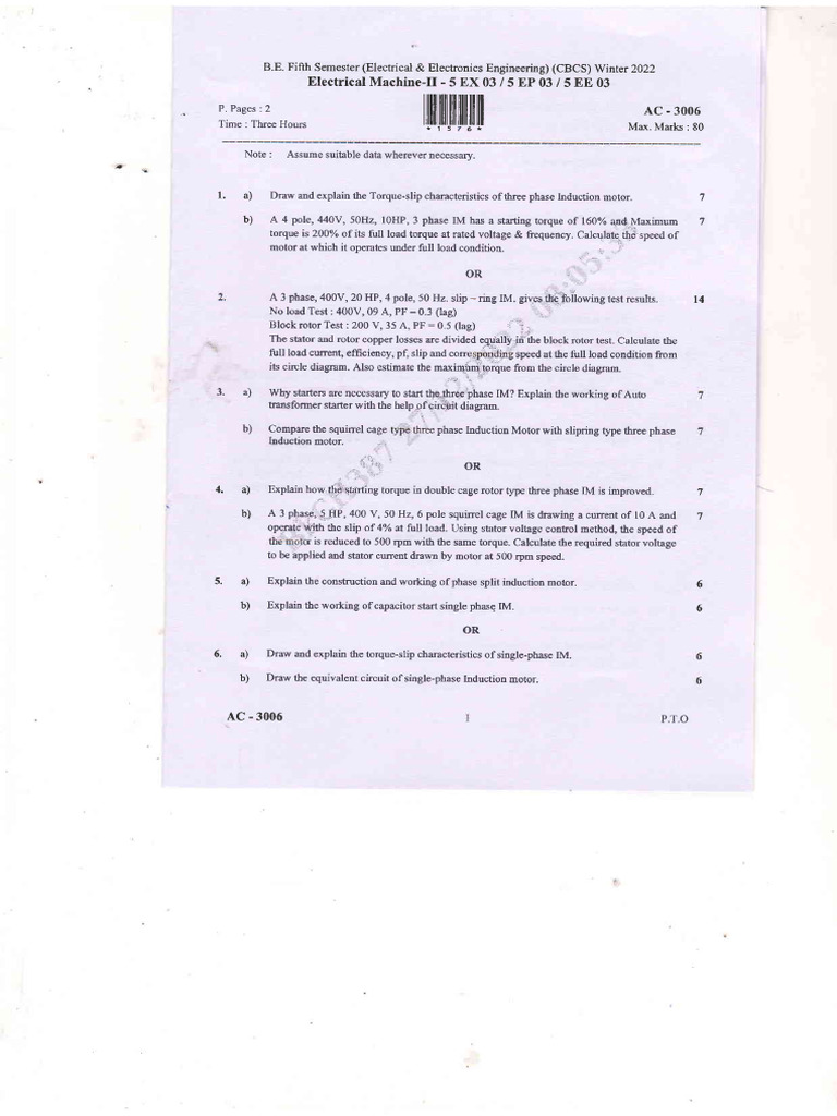Electrical Machine II Exam Guide | PDF | Electric Motor | Electrical ...