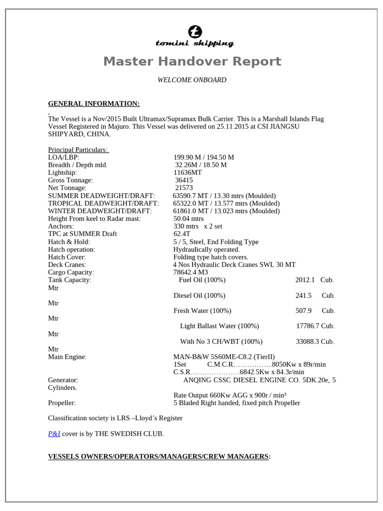 Master Handover Report for Ultramax Vessel | PDF | Crane (Machine) | Anchor
