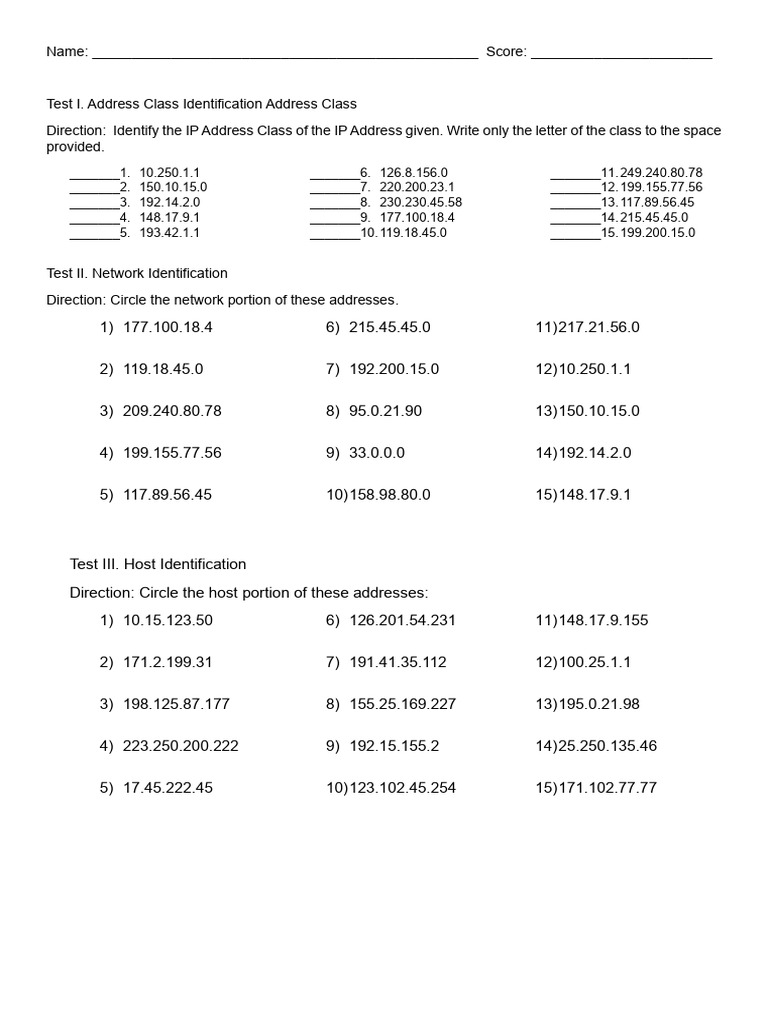 IP Address Class and Network Tests | PDF