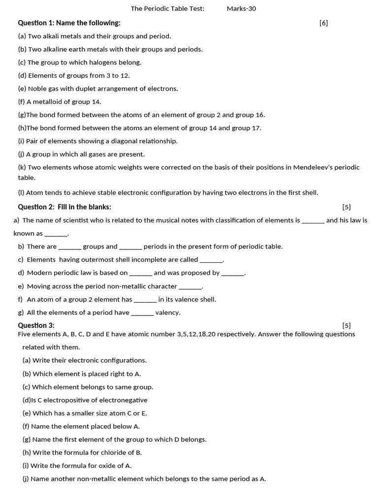 The Periodic Table Test2023 | PDF | Periodic Table | Chemical Elements