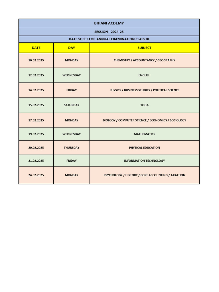 Class 11 Exam Date Sheet 2025 | PDF