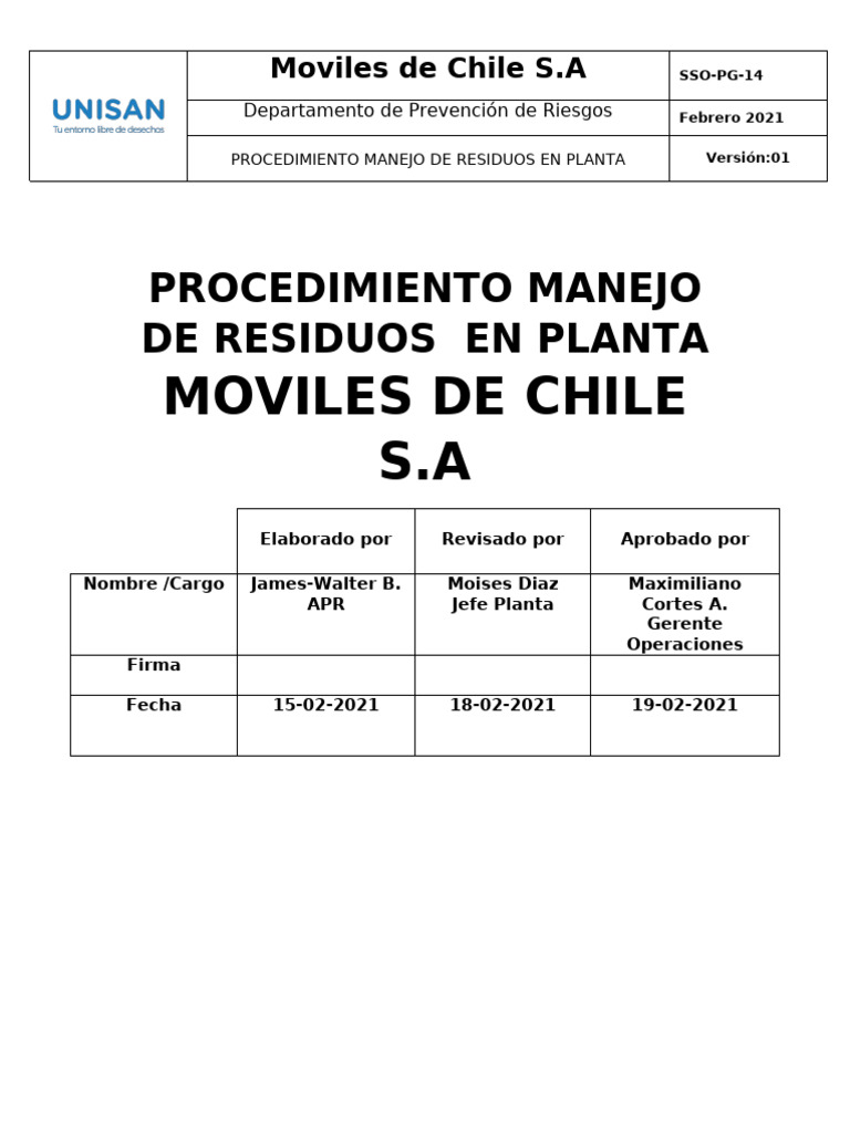 Procedimiento de Manejo de Residuos en Planta | PDF | Residuos | Reciclaje