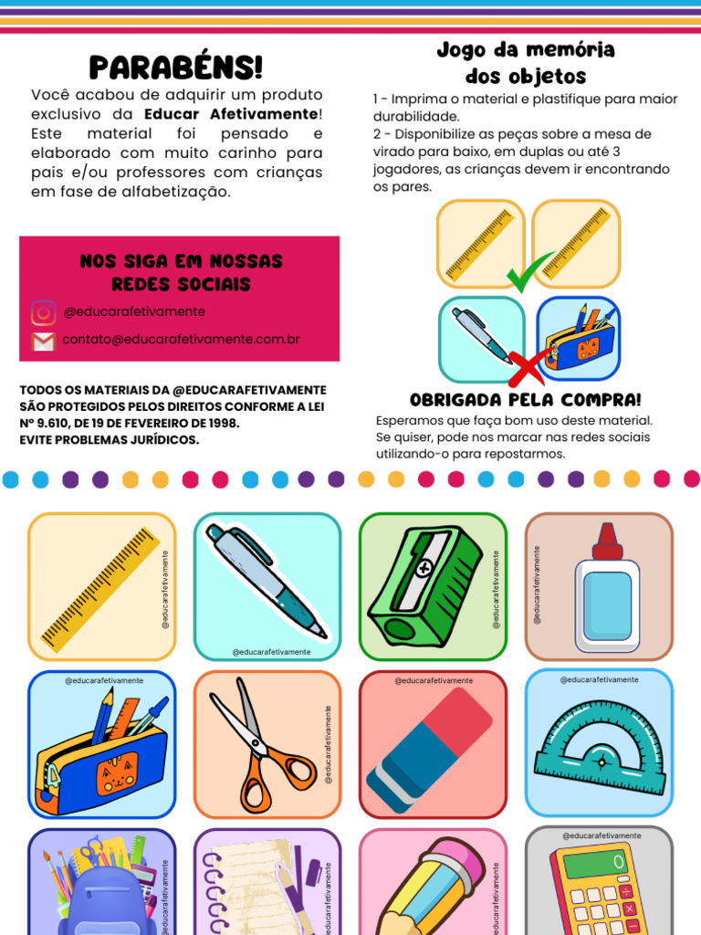 Jogo da Memória dos Objetos para Alfabetização | PDF