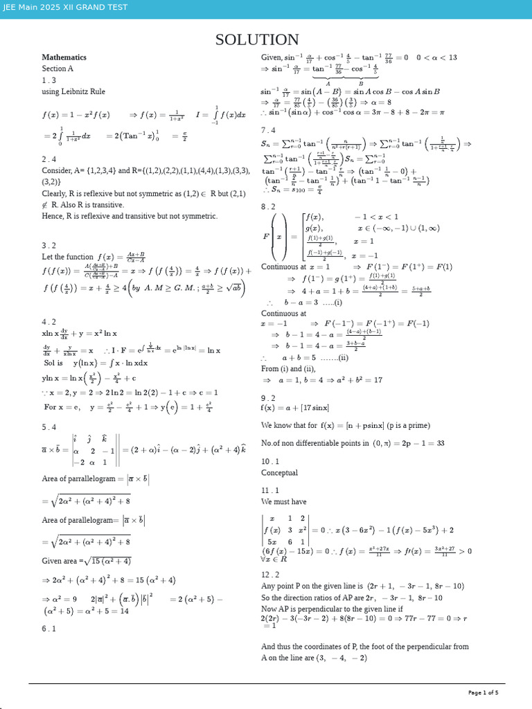 JEE Main 2025 XII Grand Test Solutions | PDF | Elementary Geometry | Euclid