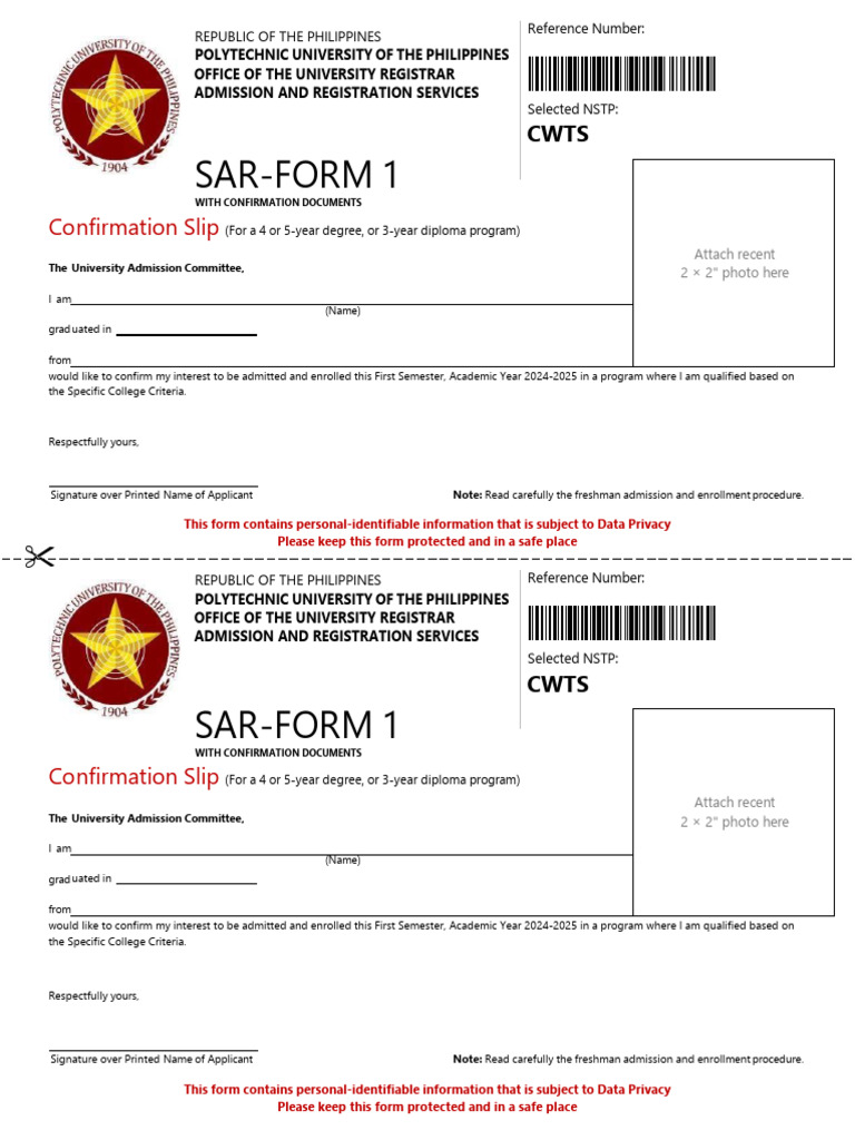 SAR Form 1 for PUP Enrollment 2024-2025 | PDF | Identity Document