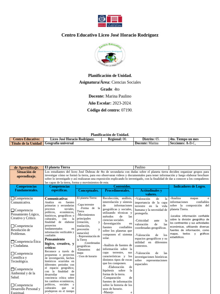 Planificación de Geografía para 4to Grado | PDF | Geografía | Evaluación