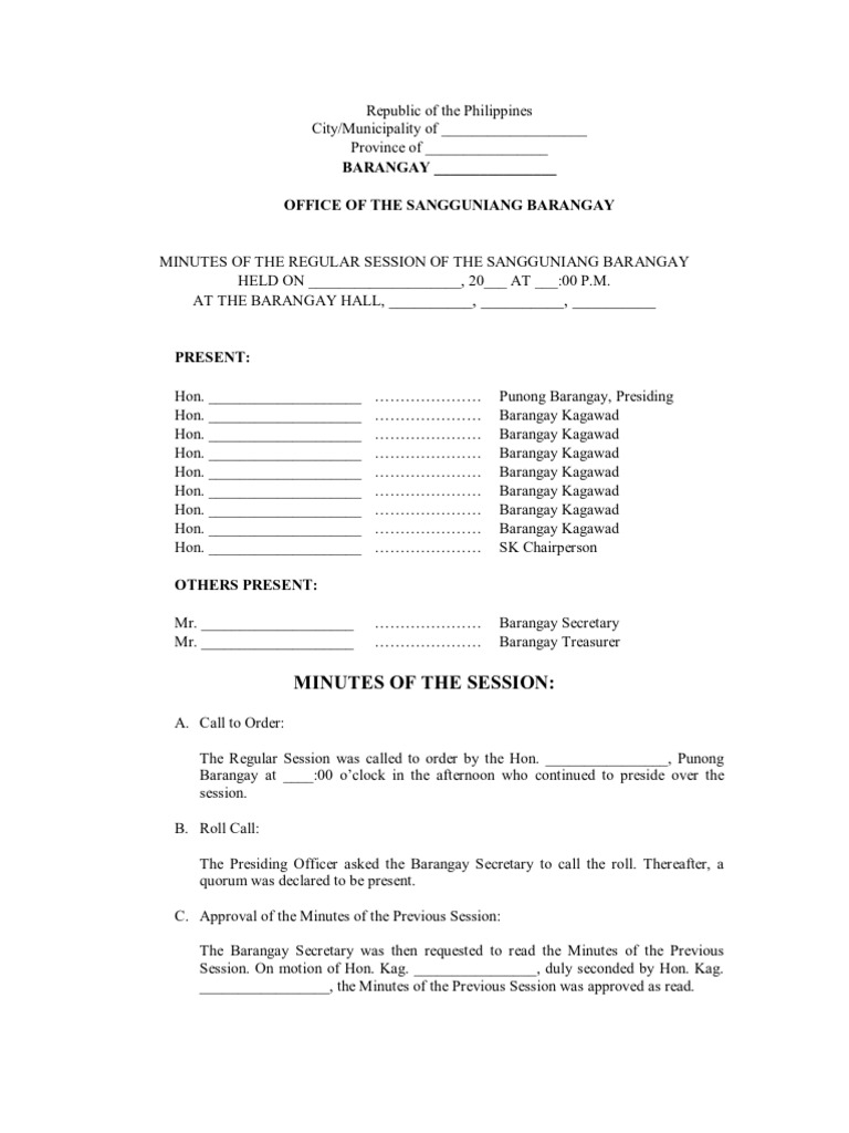 Model Minutes of the Session of the Sangguniang Barangay