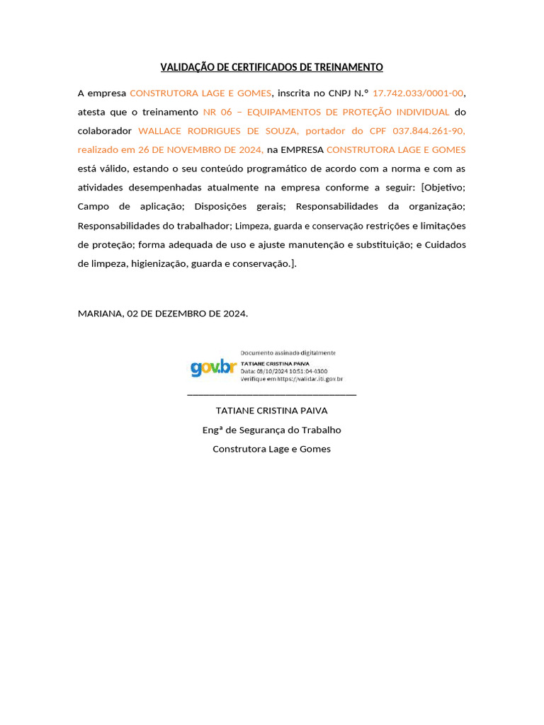 Validação de Treinamento NR 06 EPI | PDF