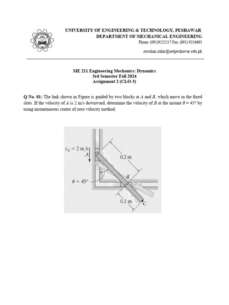 Dynamics Assignment 2 - ME 211 UET Peshawar | PDF