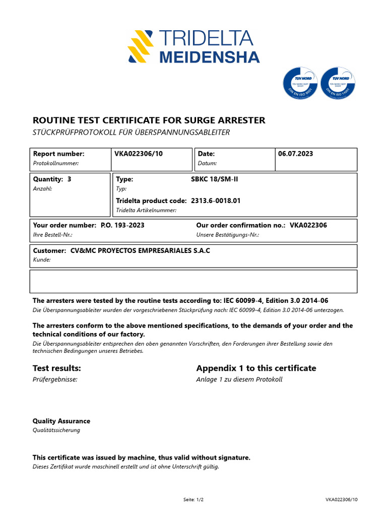 Routine Test Certificate For Surge Arrester | PDF