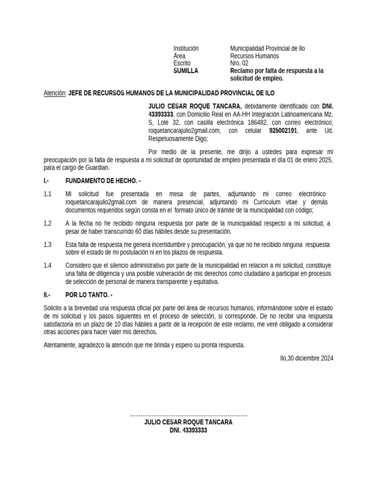 Reclamo Por Falta de Respuesta Municipalidad Provincial de Ilo | PDF ...