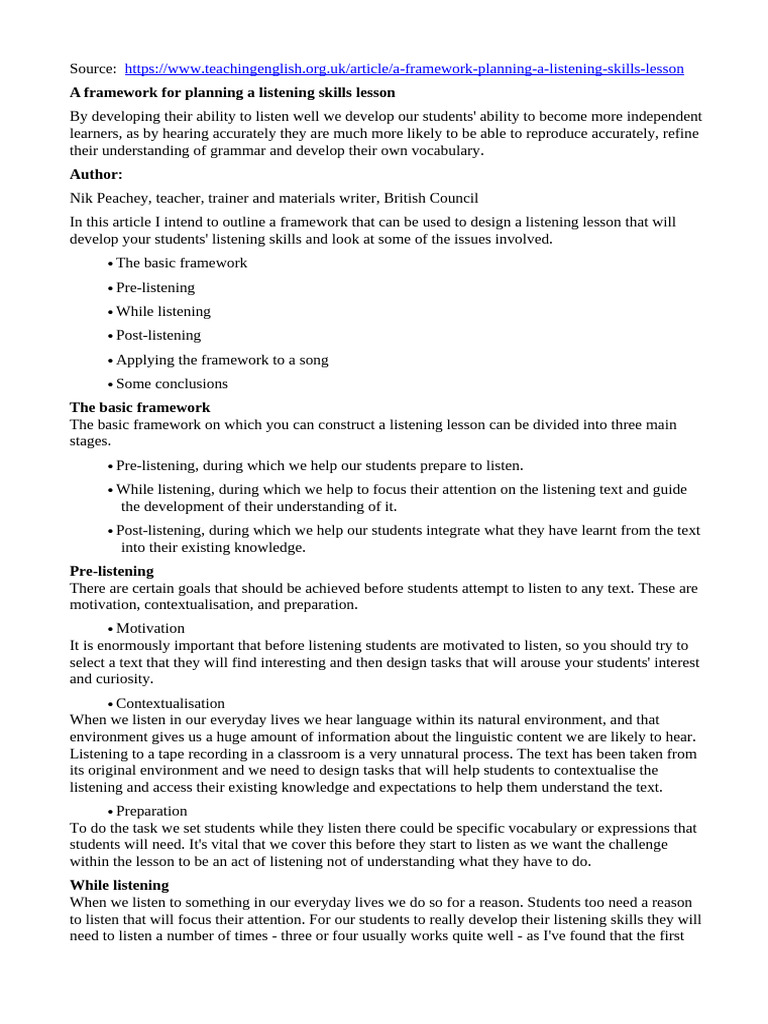 Effective Framework for Listening Lessons | PDF | Linguistics | Vocabulary