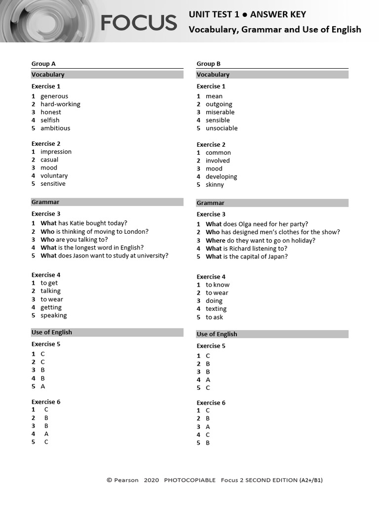 Focus 2 Unit 1 Test Answer Key | PDF | Linguistics | Human Communication