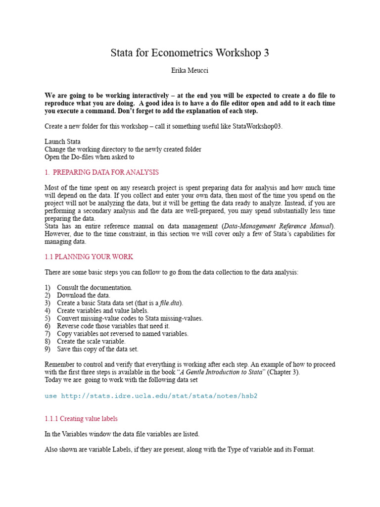 Stata Workshop 3: Data Preparation Guide | PDF