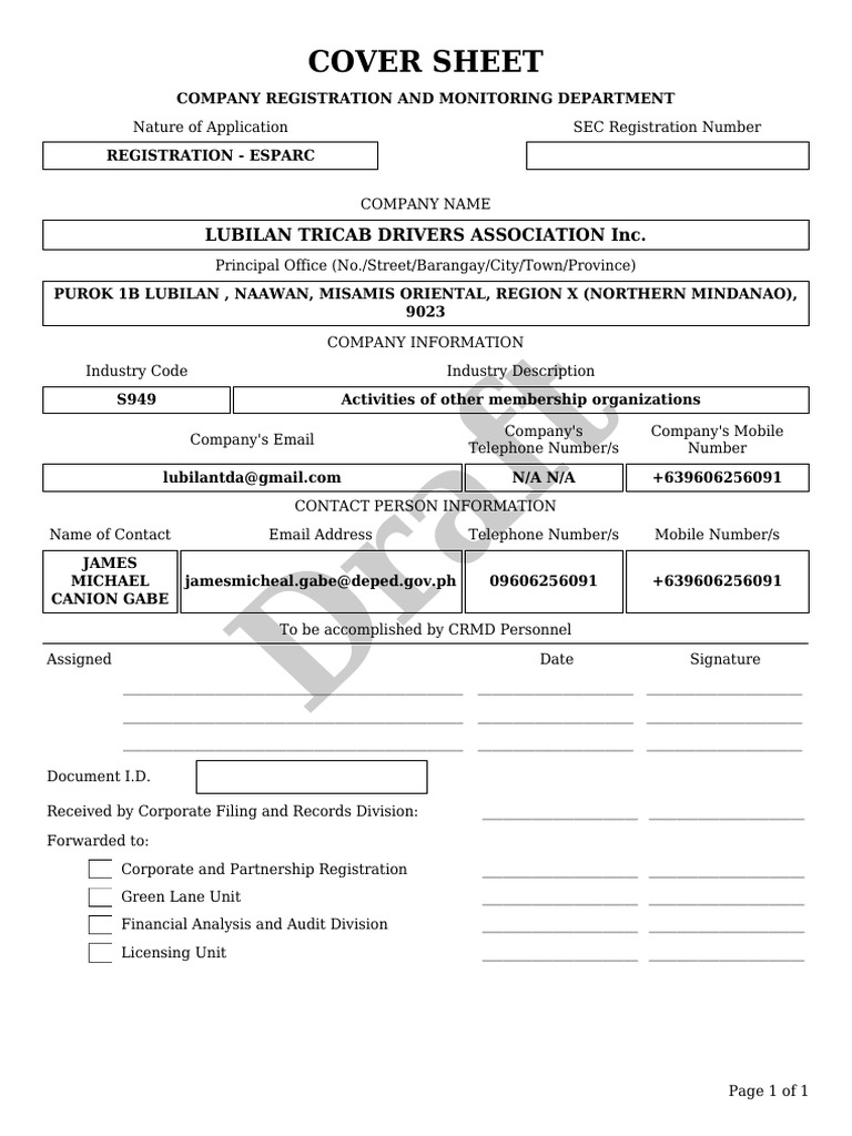 Lubilaan Tricab Drivers Association Registration Pdf