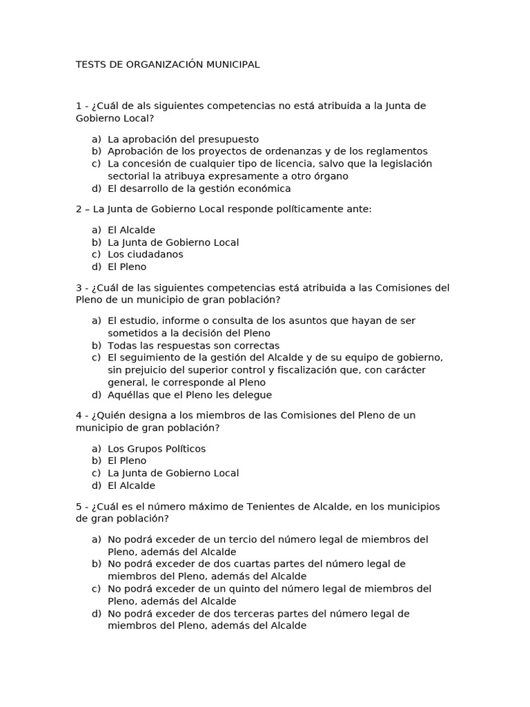 Test de Organización Municipal PDF | PDF | Gobierno local | Alcalde