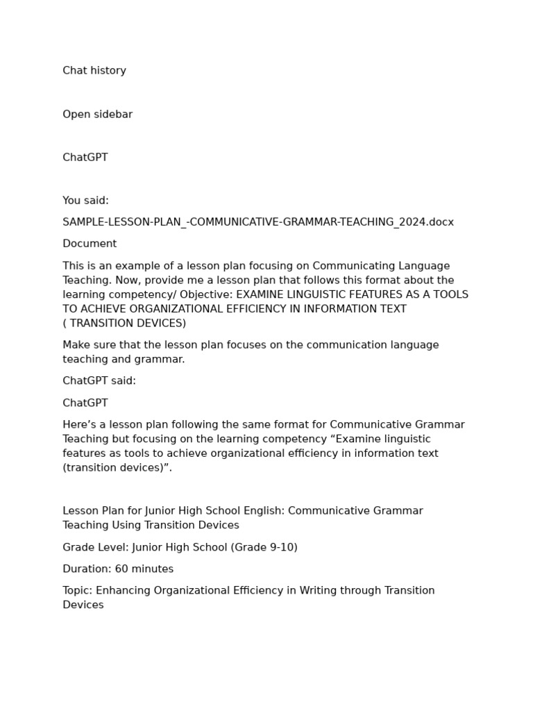 Lesson Plan: Transition Devices in Writing | PDF | Lesson Plan | Syntax