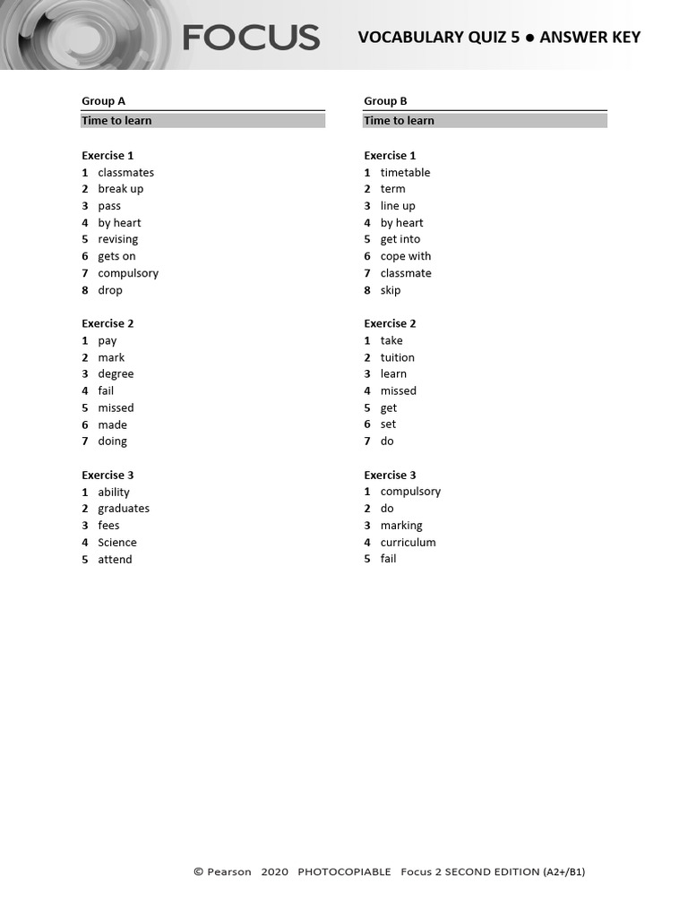 Focus 2 Unit 5 Vocabulary Answer Key | PDF