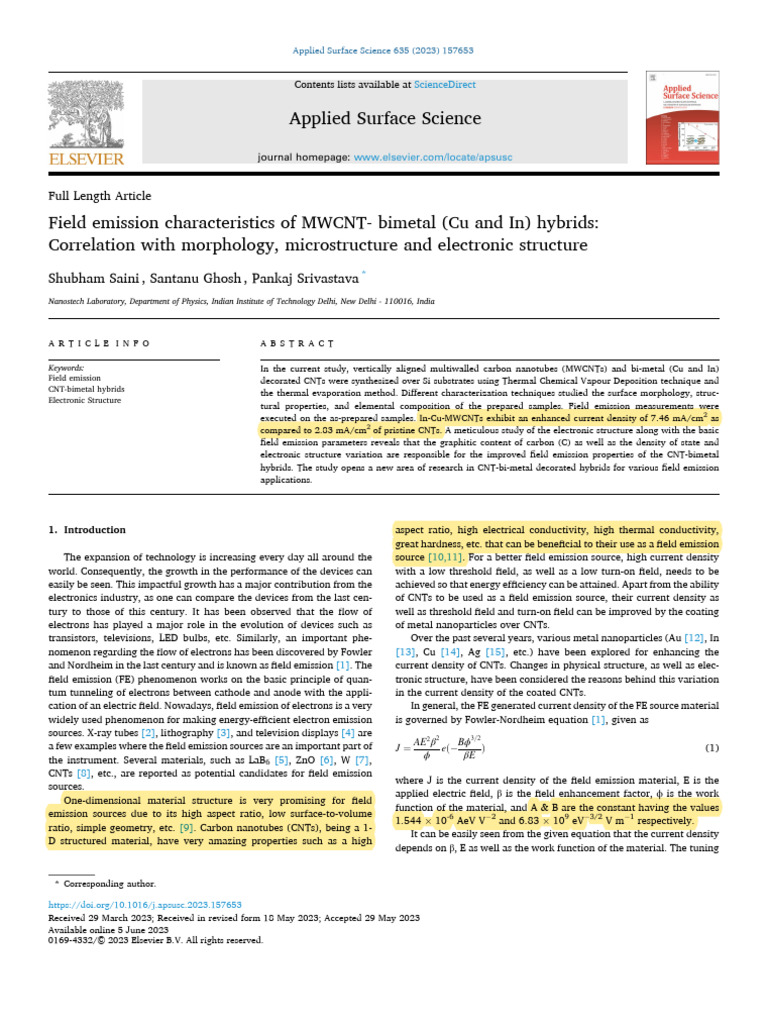 Field Emission in MWCNT-Bimetal Hybrids | PDF | Carbon Nanotube | X Ray ...