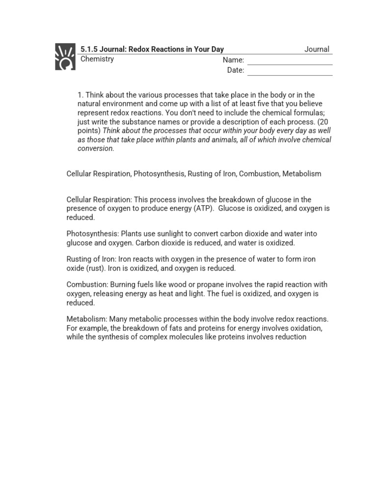 5.1.5 Journal - Redox Reactions in Your Day (Journal) (1) - 5001005 ...