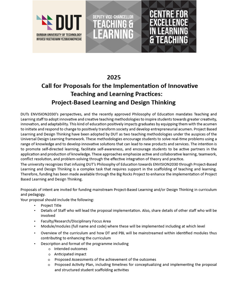 PBL 2025 Proposal Call at DUT | PDF | Project Based Learning | Learning