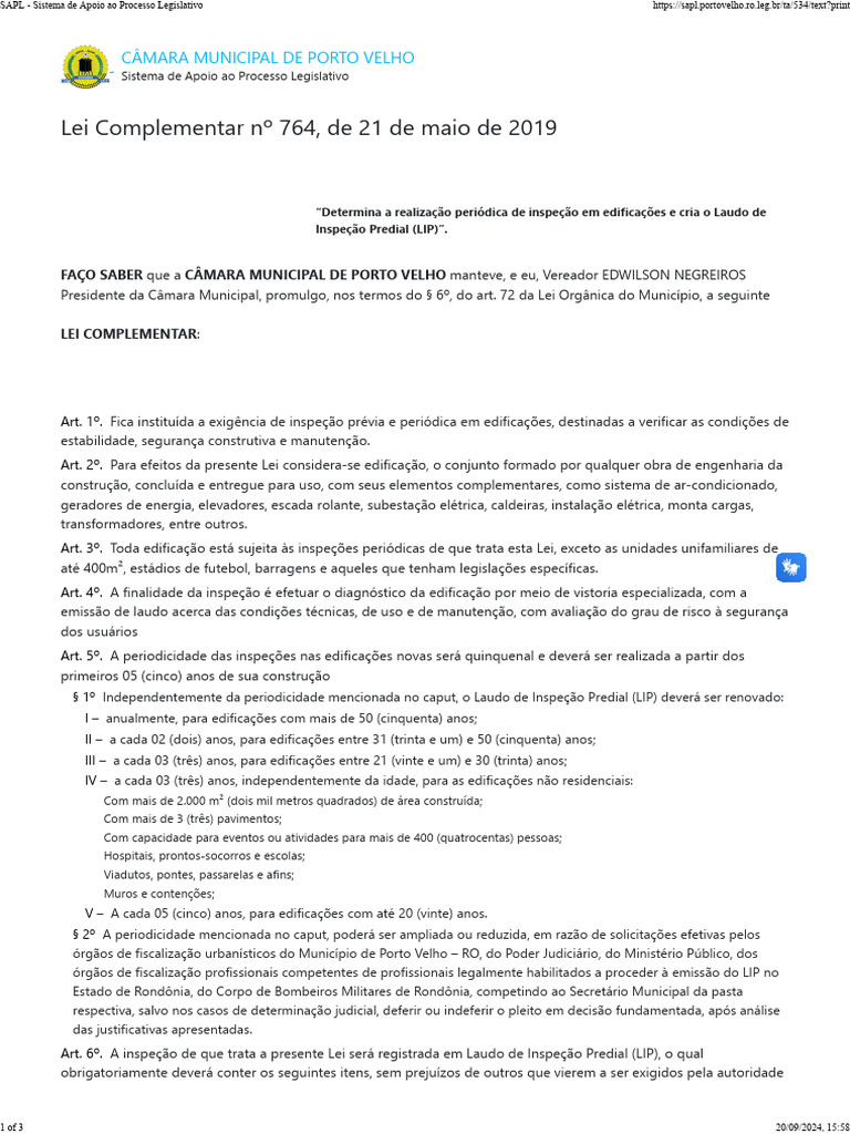 Inspeção Predial: Lei Complementar 764/2019 | PDF | Vereador | Construção