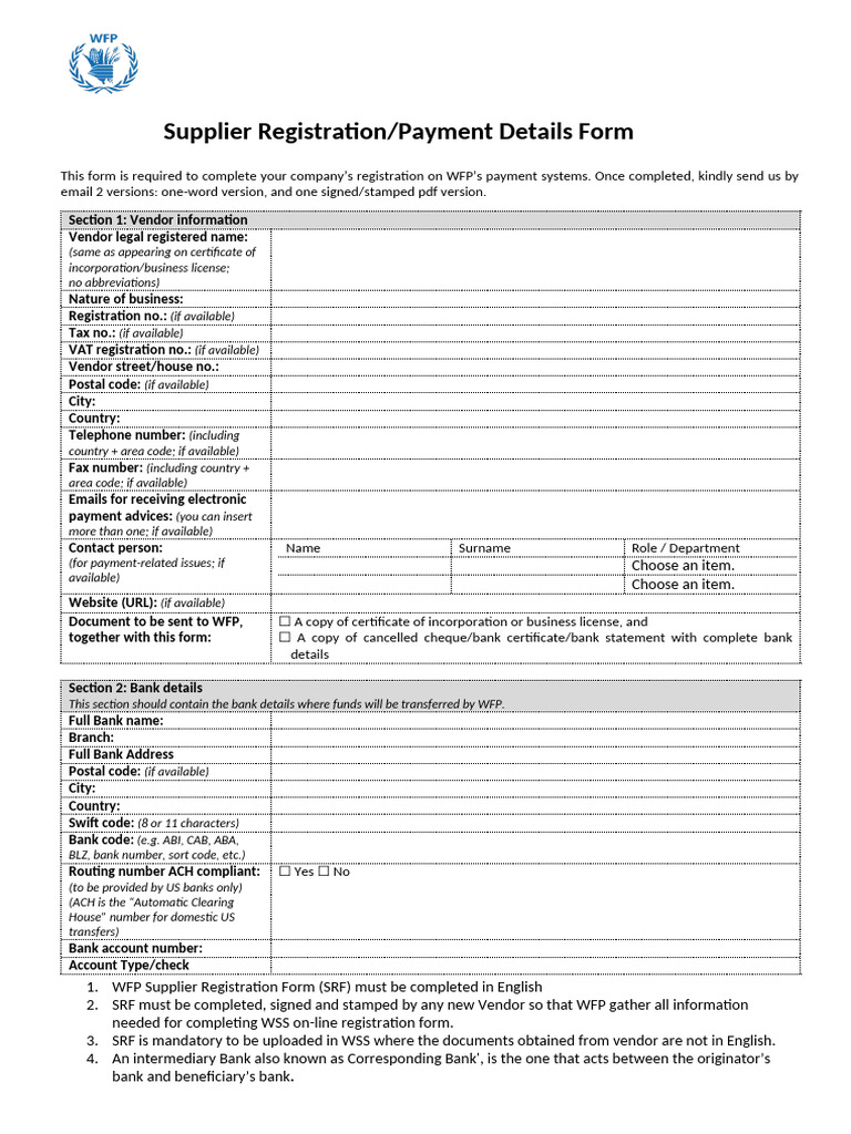 WFP Supplier Registration Form Guide | PDF | Banking | Payments