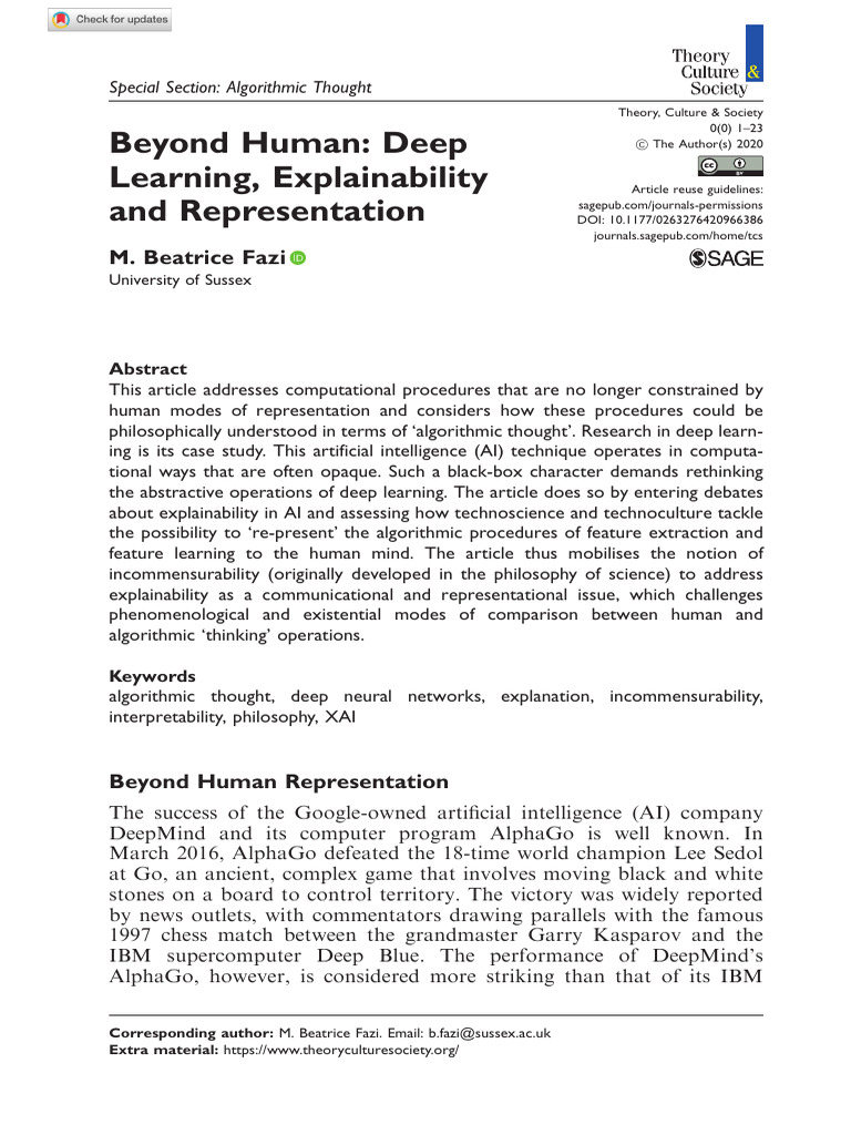 2020, Beyond Human - Deep Learning, Explainability and Representation ...