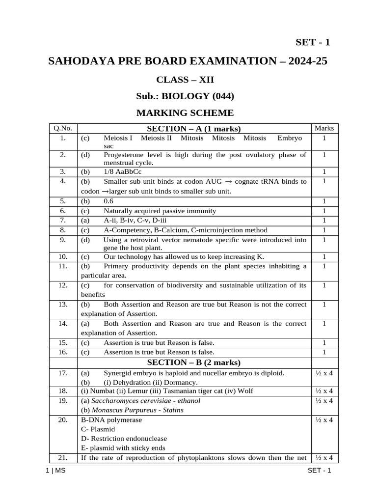 Biology Pre-Board Exam Marking Scheme 2024-25 | PDF | Dna | Menstrual Cycle