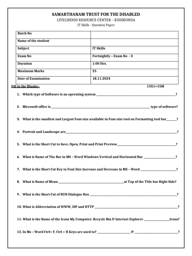 3rd Exam IT Skills - 18.11.2024 | PDF | Microsoft Word | Microsoft Windows