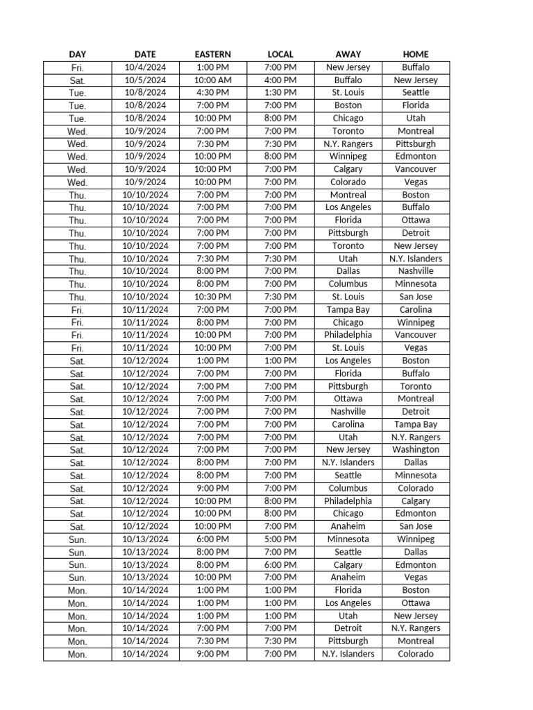 202425 Official NHL Schedule (by Day) PDF Tampa National Hockey