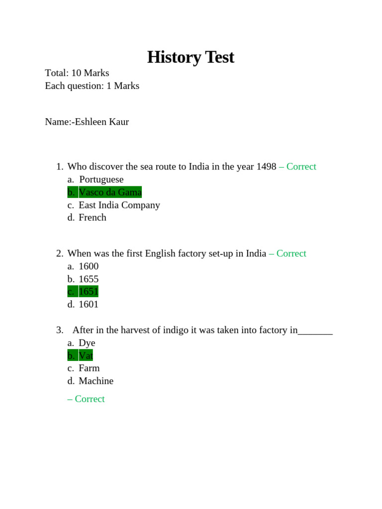 History Test With Answer Checked | PDF