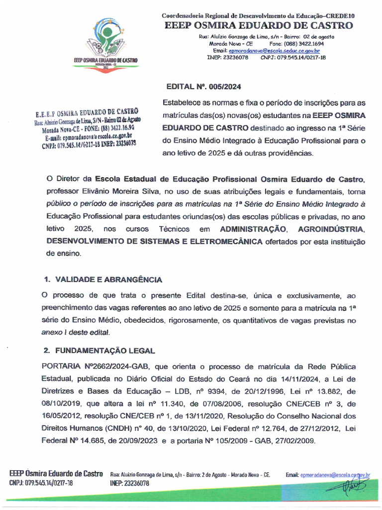 Edital Seleção de Alunos EEEP Osmira Eduardo de Castro - Morada Nova | PDF