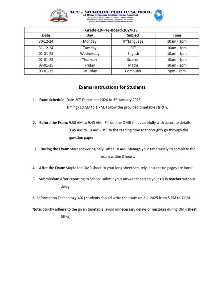 Grade 10 Pre-Board Exam Schedule 2024-25 | PDF