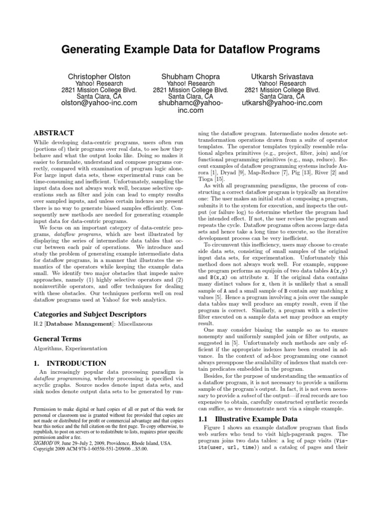 Generating Example Data For Dataflow Programs: Christopher Olston ...
