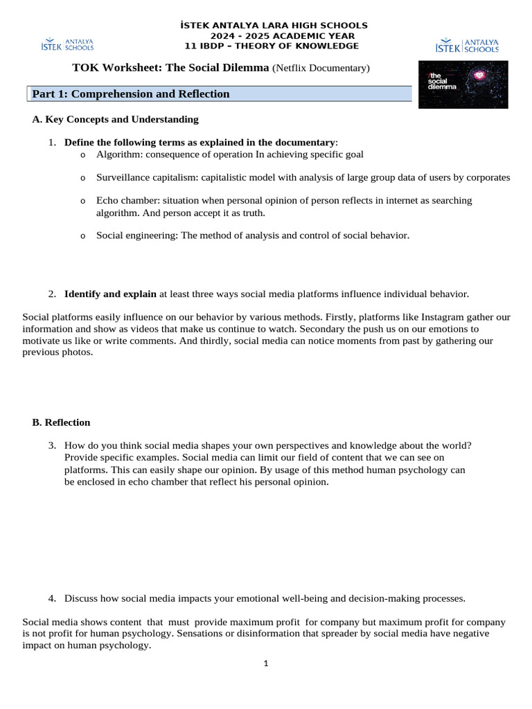 SOCIAL DILEMMA WORKSHEET Gleb PDF Social Media Popular Culture