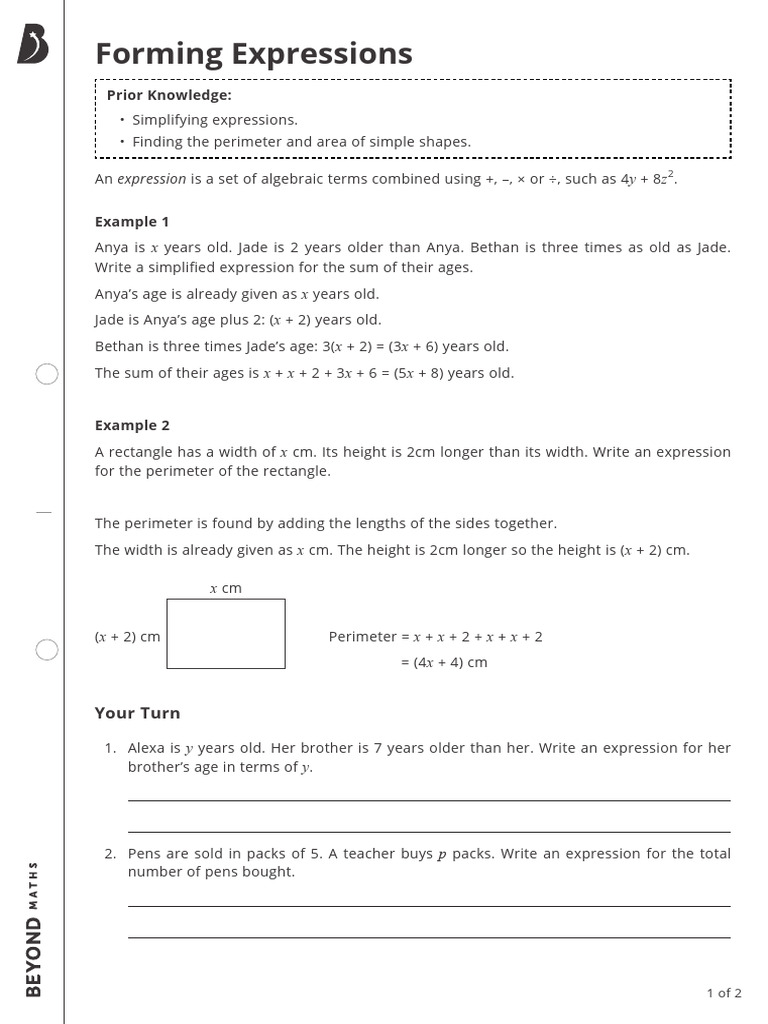 Forming Expressions Walkthrough Worksheet | PDF | Length | Area