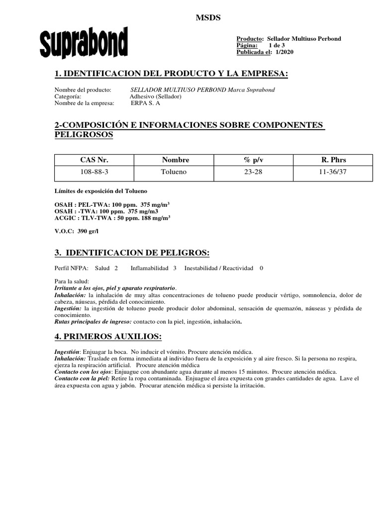 MSDS Sellador Multiuso Perbond | PDF | Combustión | Agua