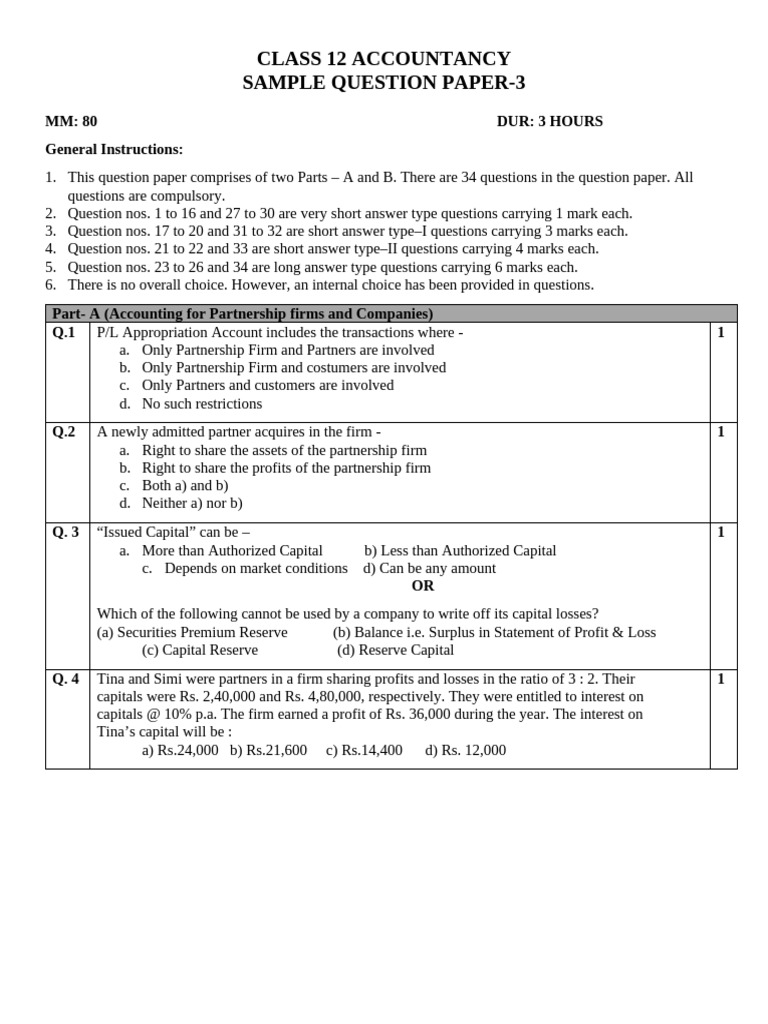 Class 12 Accountancy Sample Paper 3 | PDF | Equity (Finance) | Expense