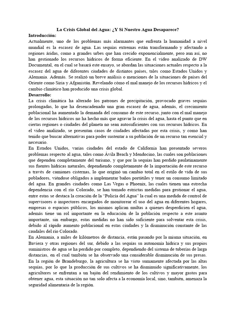 Crisis Global del Agua: Escasez y Soluciones | PDF | Agua | Agricultura