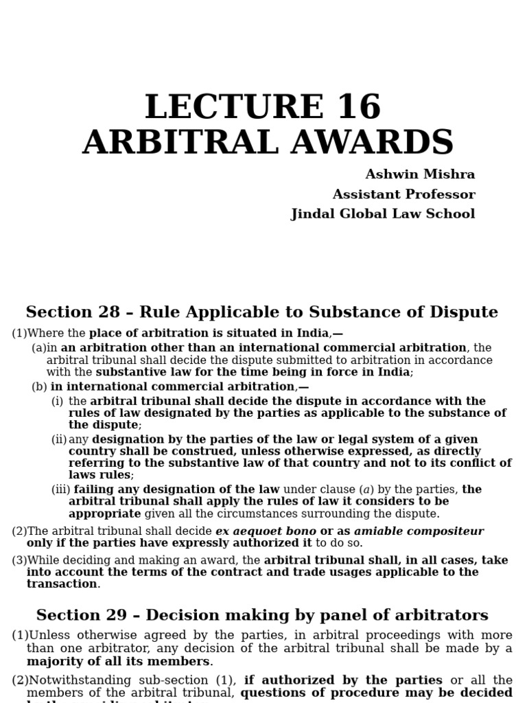 Lecture 16 - Arbitral Awards | PDF | Arbitral Tribunal | Arbitration