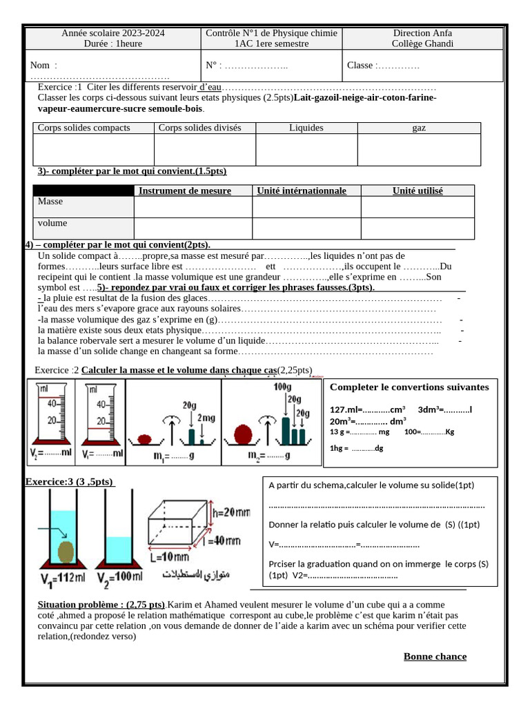 Contrôle de Physique 1AC Semestre 1 | PDF | Le volume | Densité