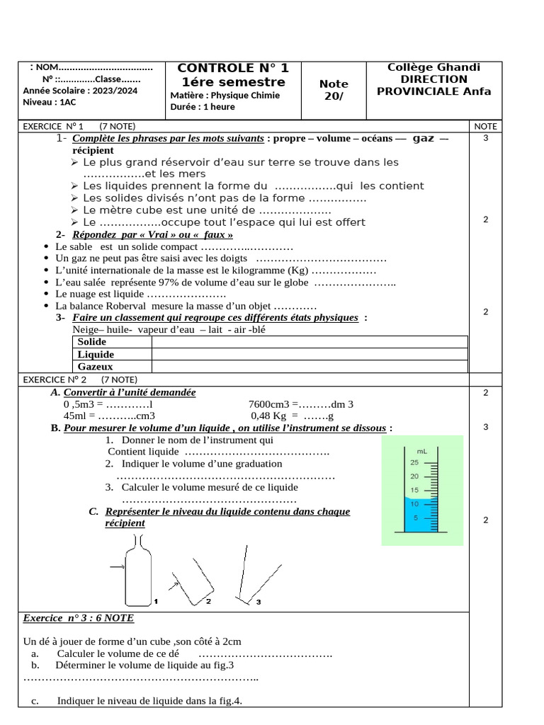 Contrôle de Physique-Chimie 1AC 2023 | PDF | Gaz | Eau