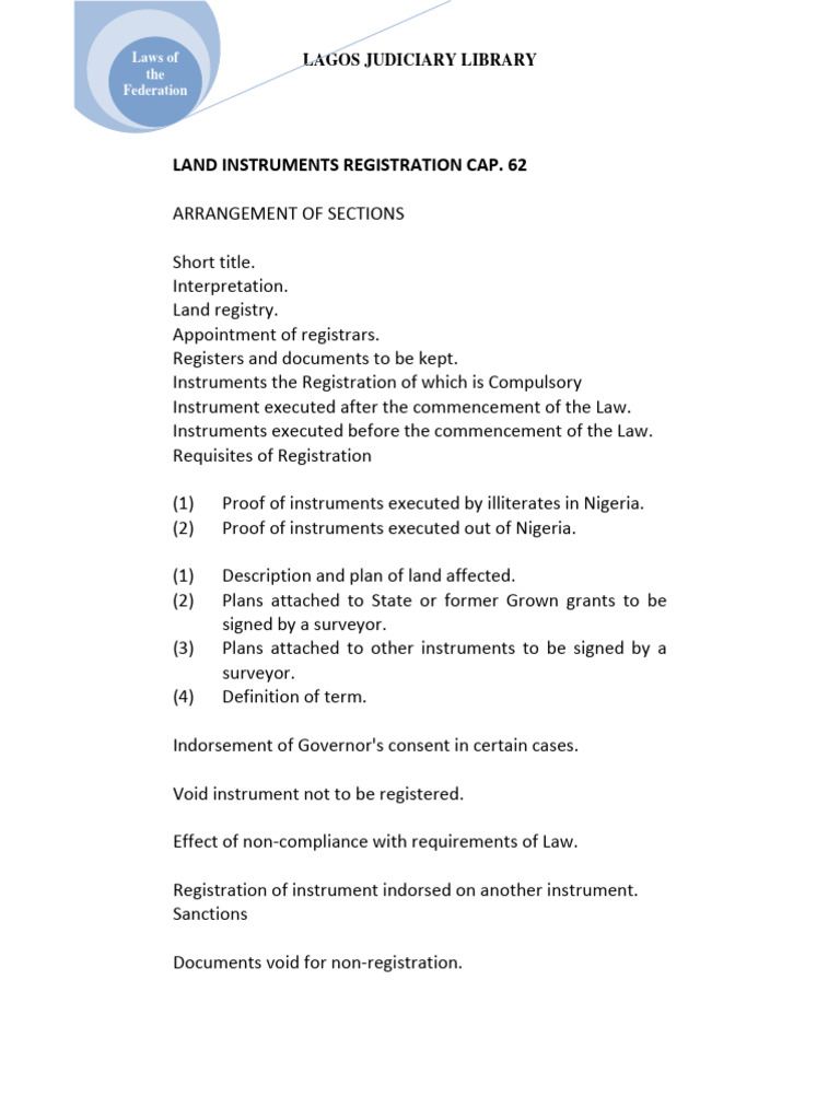 Lagos Land Instruments Registration Law | PDF | Judgment (Law) | Domain ...