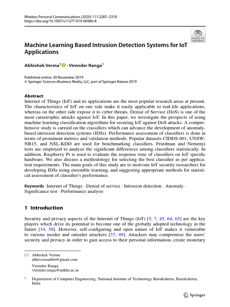 Machine Learning Based Intrusion Detection Systems For IoT Applications ...