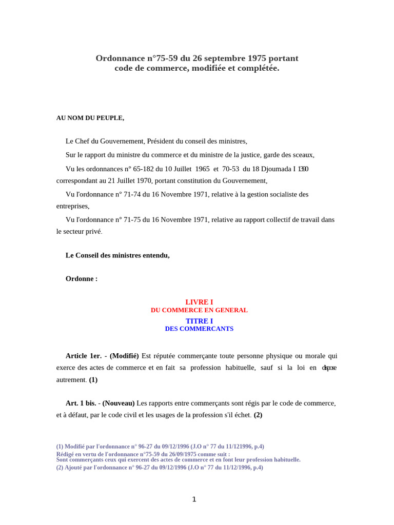 Code de commerce : Ordonnance 75-59 | PDF | Commerce | Bilan comptable