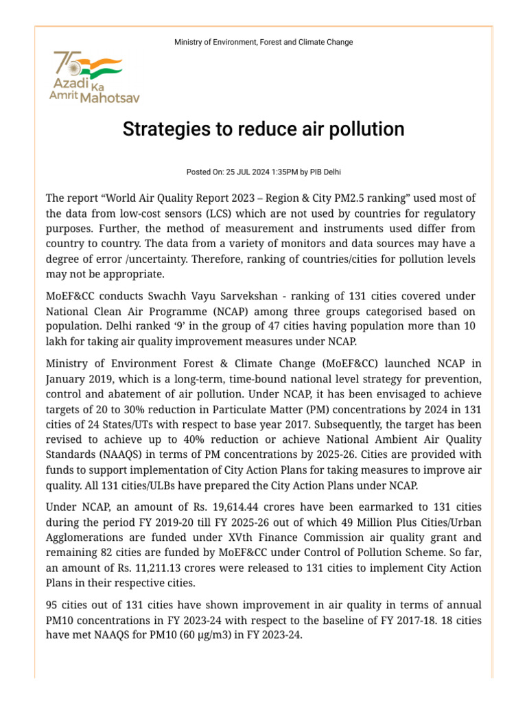 Strategy To Reduce Air Pollution Press Release - Press Information ...