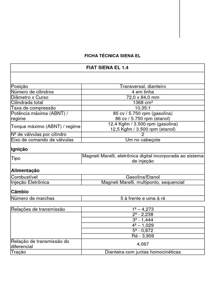 Ficha Técnica Fiat Siena 1.4 2013 | PDF | Veículos terrestres | Carro