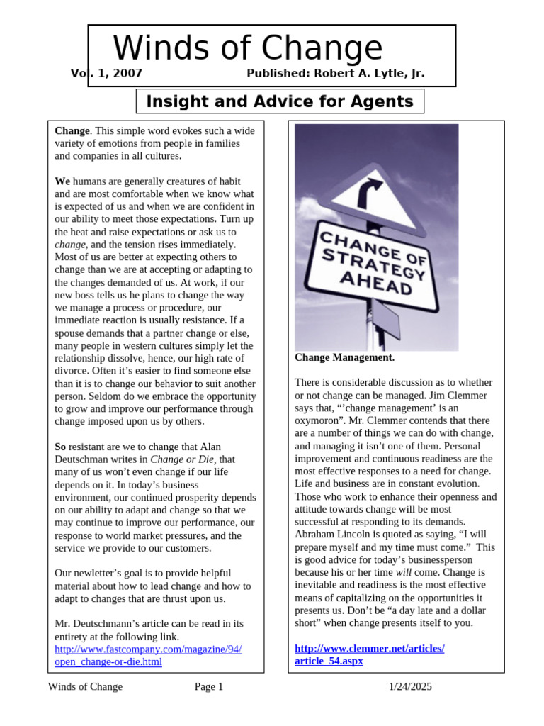 Winds of Change Newsletter | PDF | Leadership | Risk