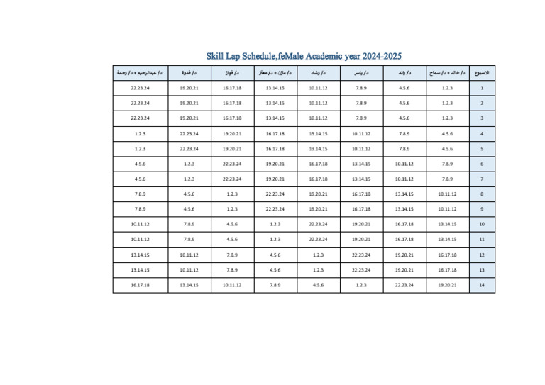 Skill Lap Schedule Female Academic Year 2024-2025 | PDF
